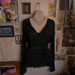 Vintage Lace Pleated Blouse Women's XL/1X Black Sheer Crinkle Long Sleeve